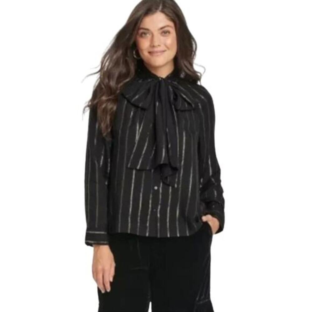 Universal Thread Women's Long Sleeve Tie Front Bow Blouse Black Striped XXL‎